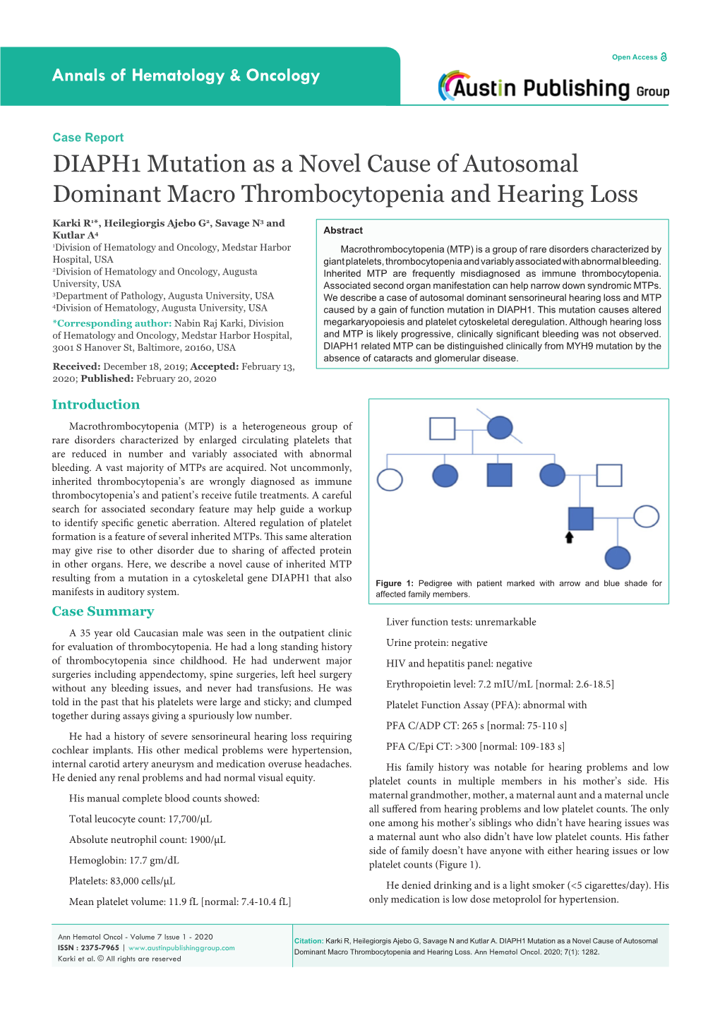 DIAPH1 Mutation As a Novel Cause of Autosomal Dominant Macro Thrombocytopenia and Hearing Loss