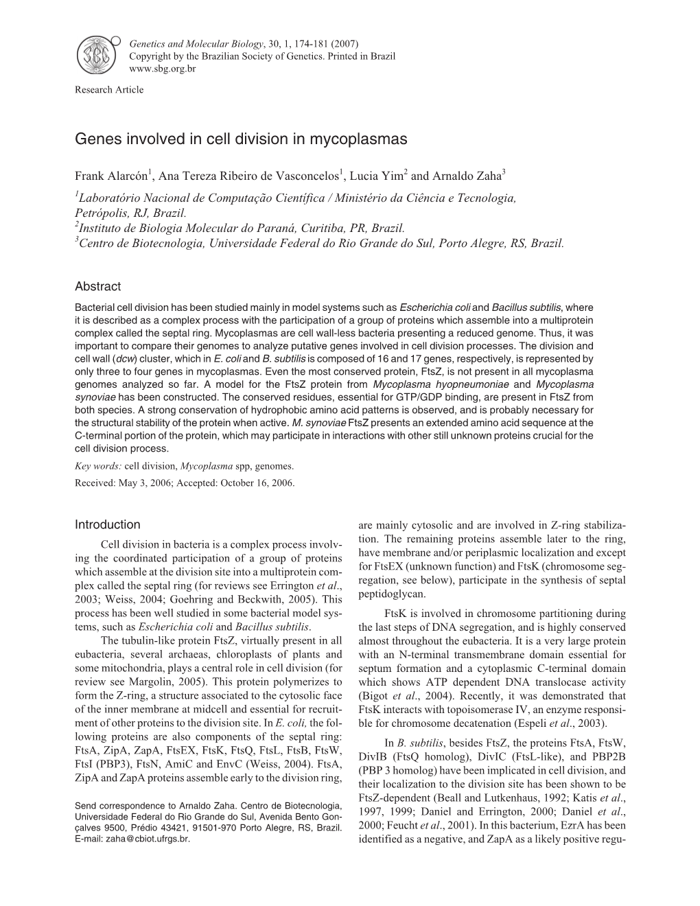 Genes Involved in Cell Division in Mycoplasmas