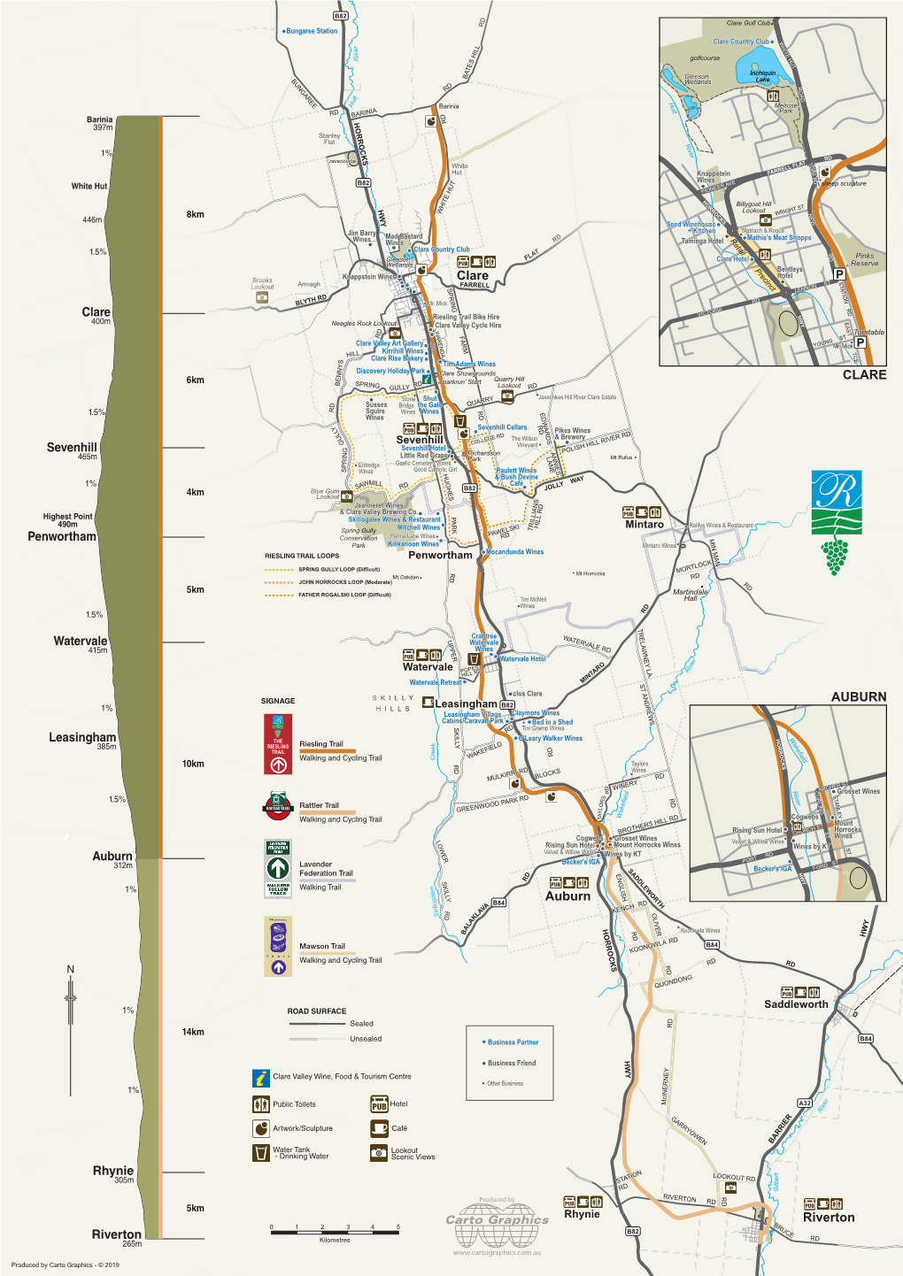 Riesling Trail Bike Hire W EAST 400M Y Neagles Rock Lookout Clare Valley Cycle Hire WARENDA Turntable FARM RD ST RD Clare Valley Art Gallery Youngmr