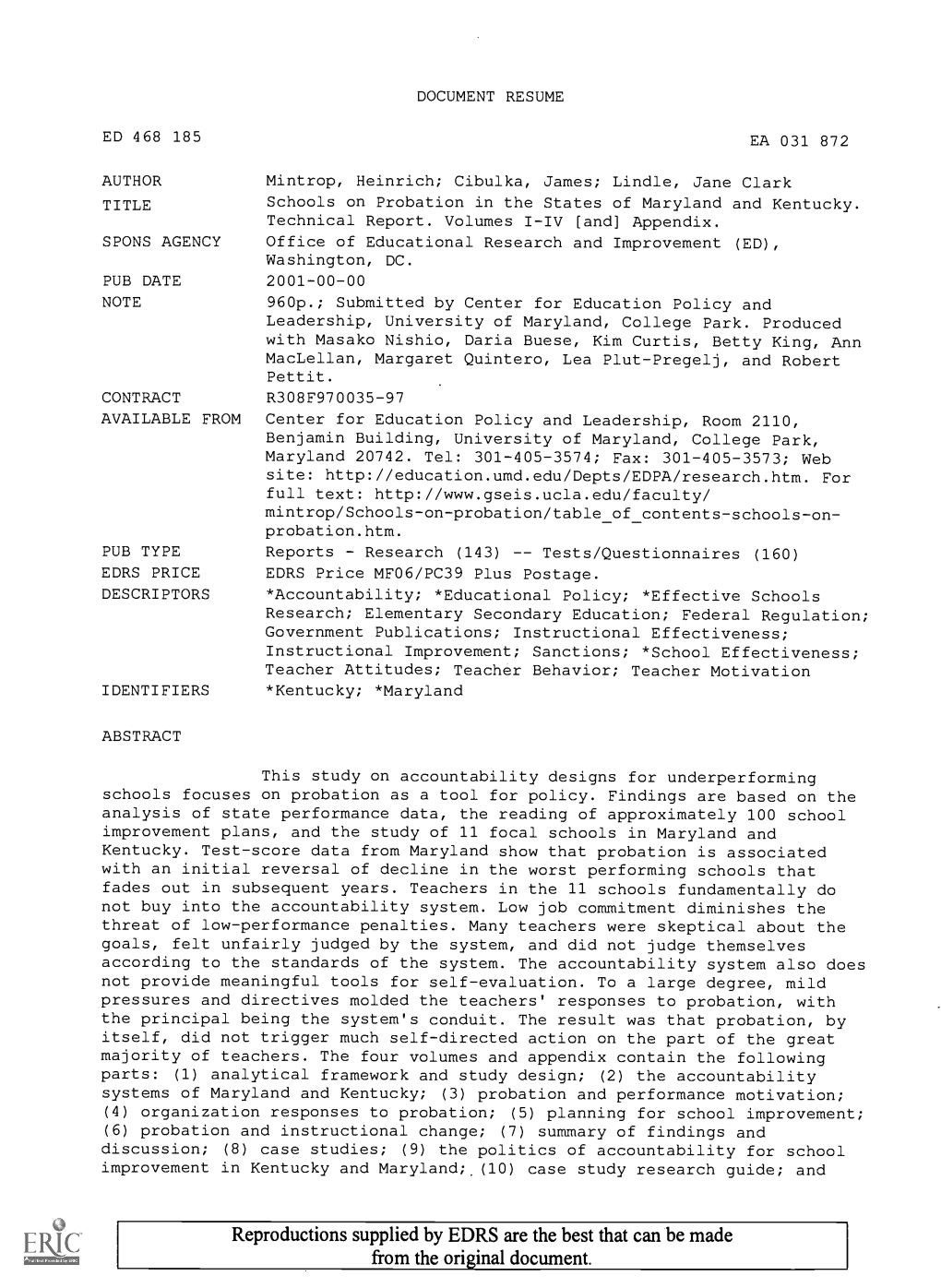 Schools on Probation in the States of Maryland and Kentucky. Technical Report