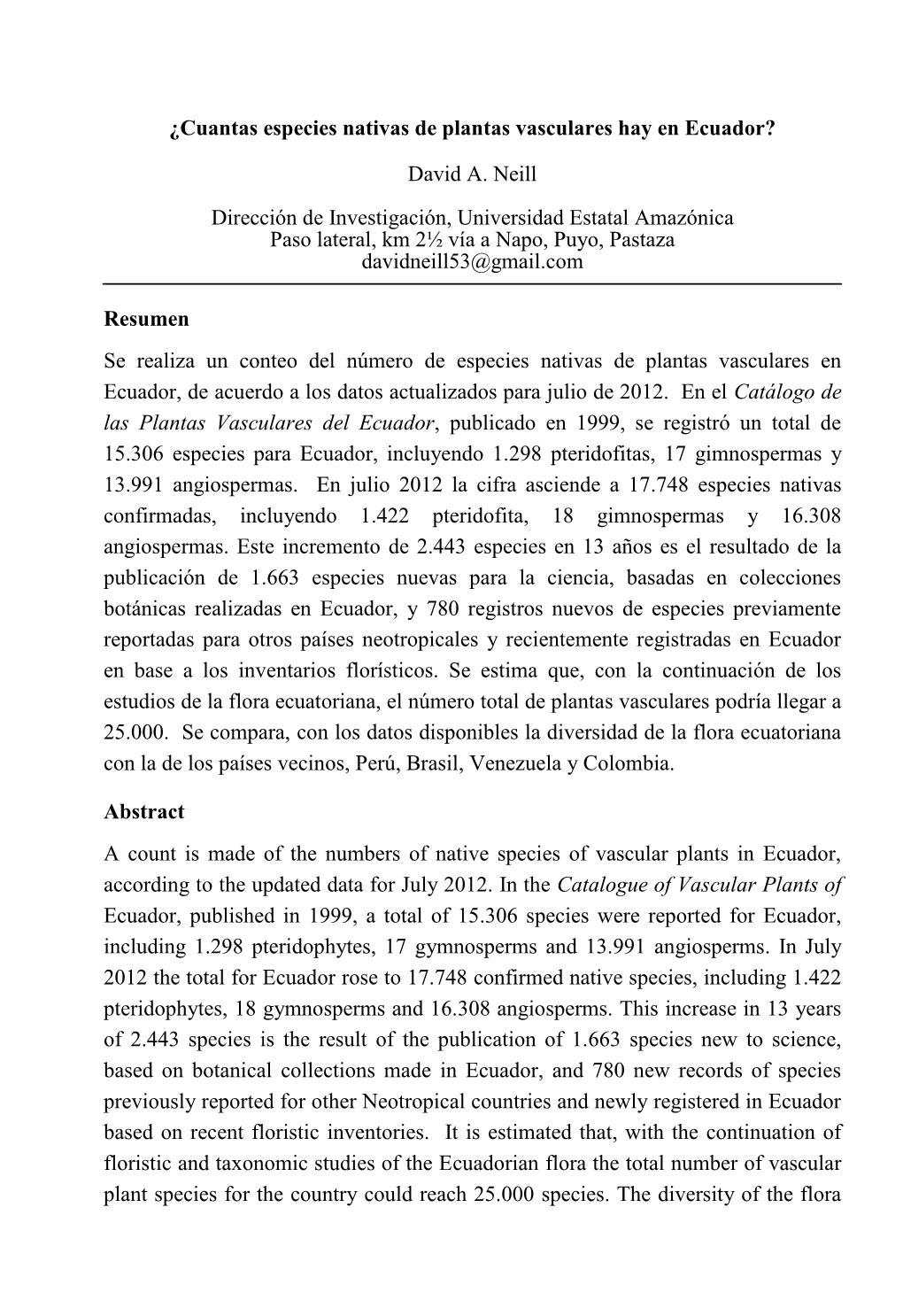 ¿Cuantas Especies Nativas De Plantas Vasculares Hay En Ecuador?