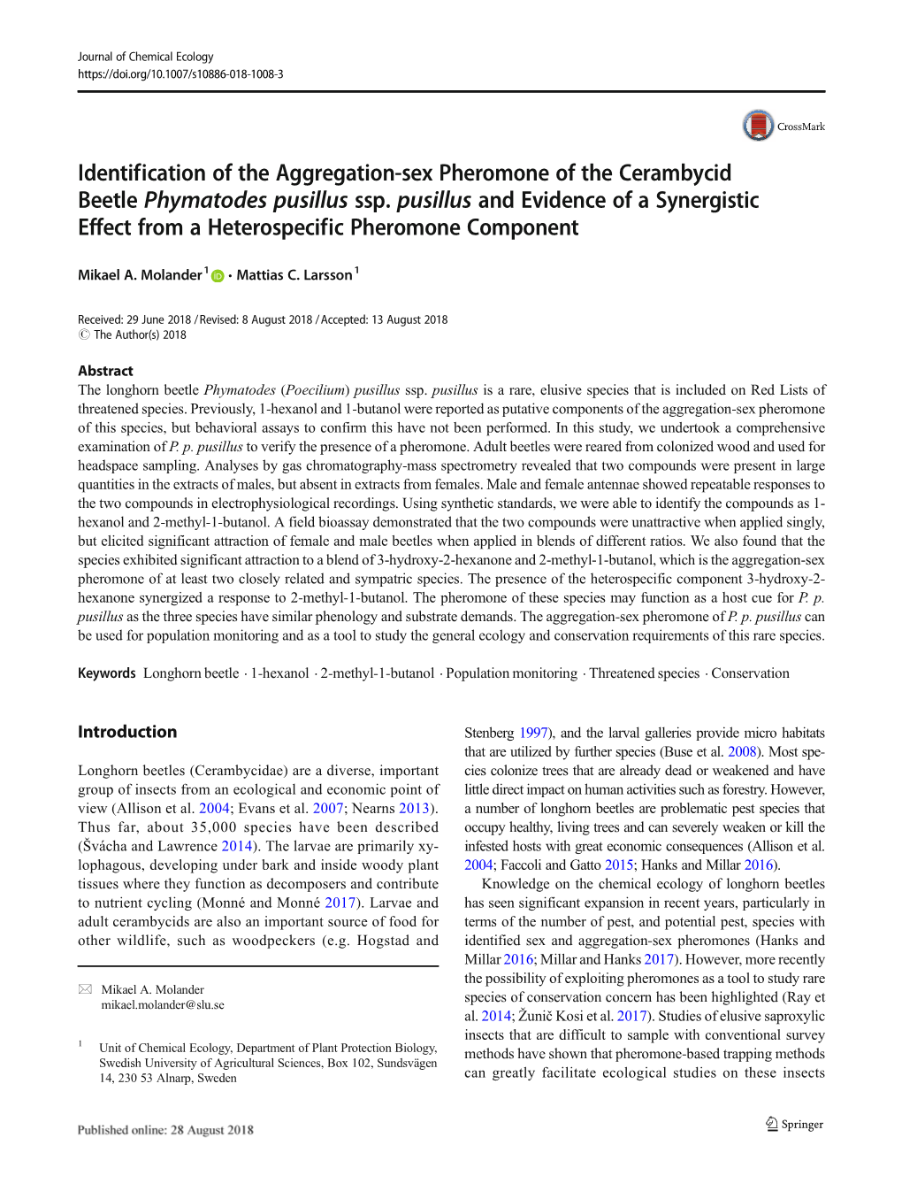Identification of the Aggregation-Sex Pheromone of the Cerambycid Beetle Phymatodes Pusillus Ssp