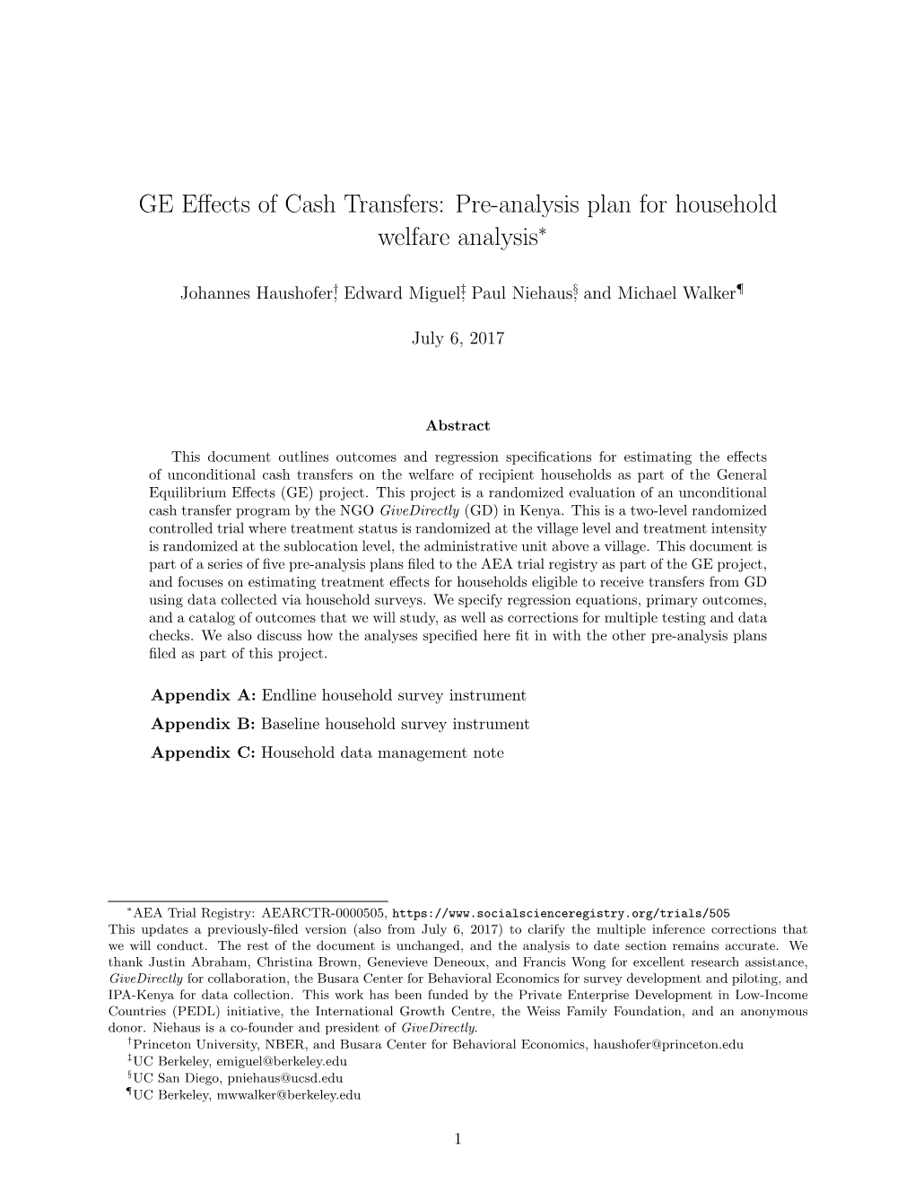 Pre-Analysis Plan for Household Welfare Analysis∗