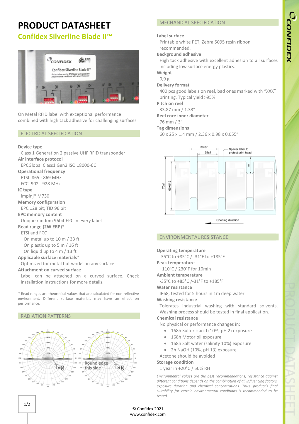 PRODUCT DATASHEET Confidex Silverline Blade II™ Label Surface Printable White PET, Zebra 5095 Resin Ribbon Recommended