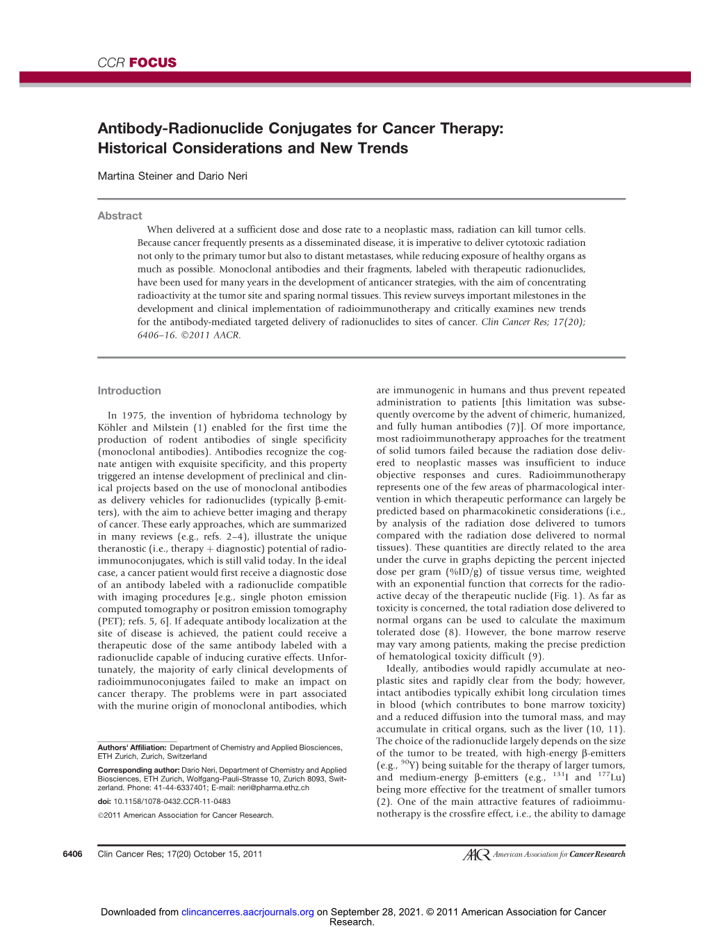 Antibody-Radionuclide Conjugates for Cancer Therapy: Historical Considerations and New Trends