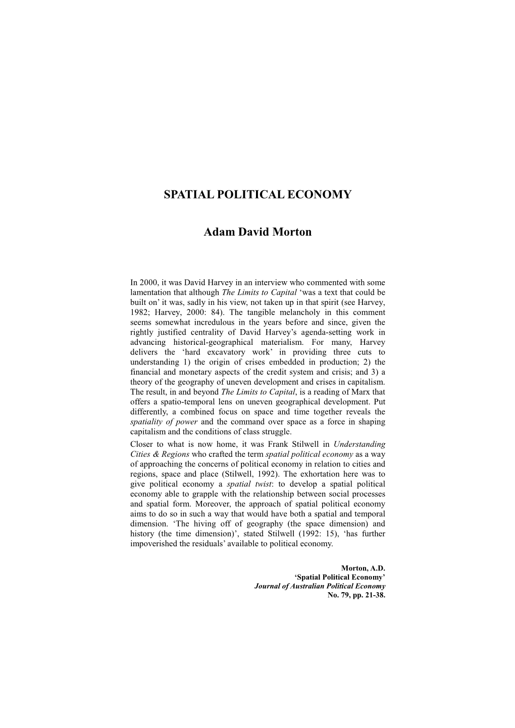 Adam David Morton: Spatial Political Economy