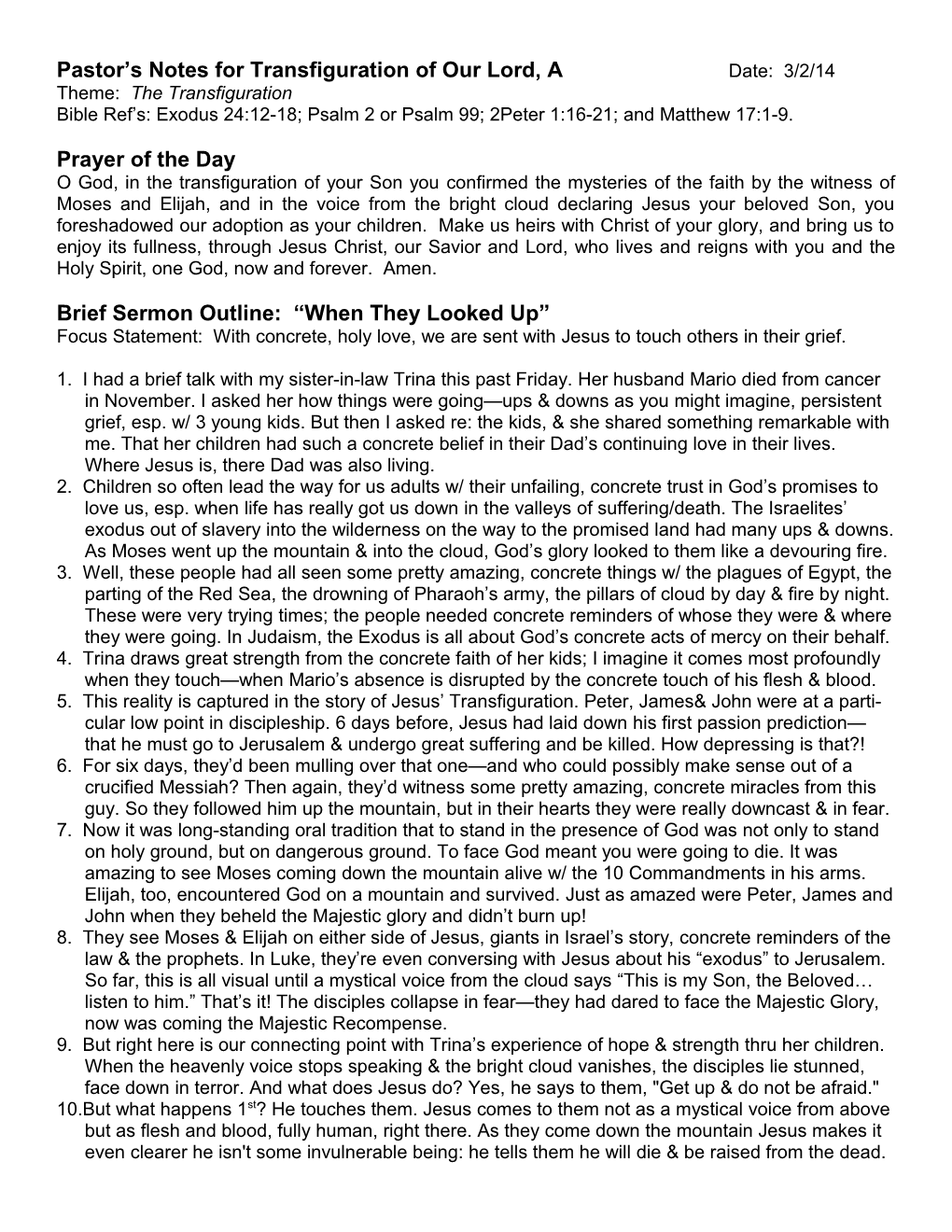 Pastor S Notes for Transfiguration of Our Lord, a Date: 3/2/14