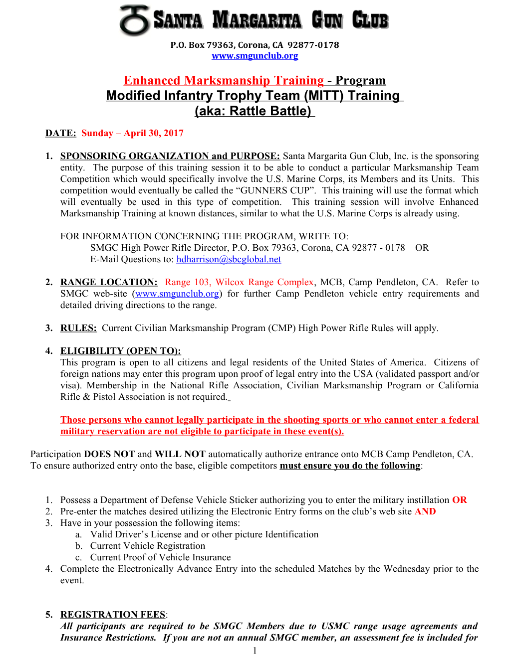 Monthly Registered 1250 Point Aggregate High Power Rifle Tournament Program