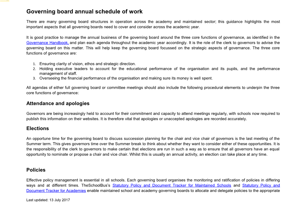 Governing Board Annual Schedule of Work