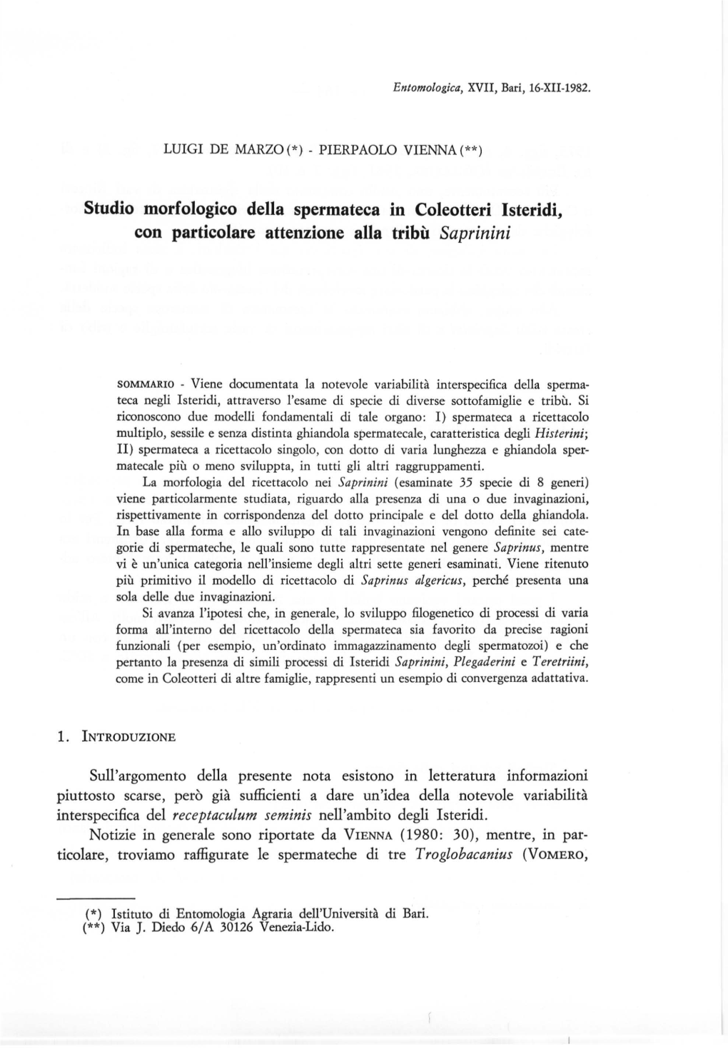 Studio Morfologico Della Spermateca in Coleotteri Isteridi, Con Particolare Attenzione Alla Tribù Saprinini