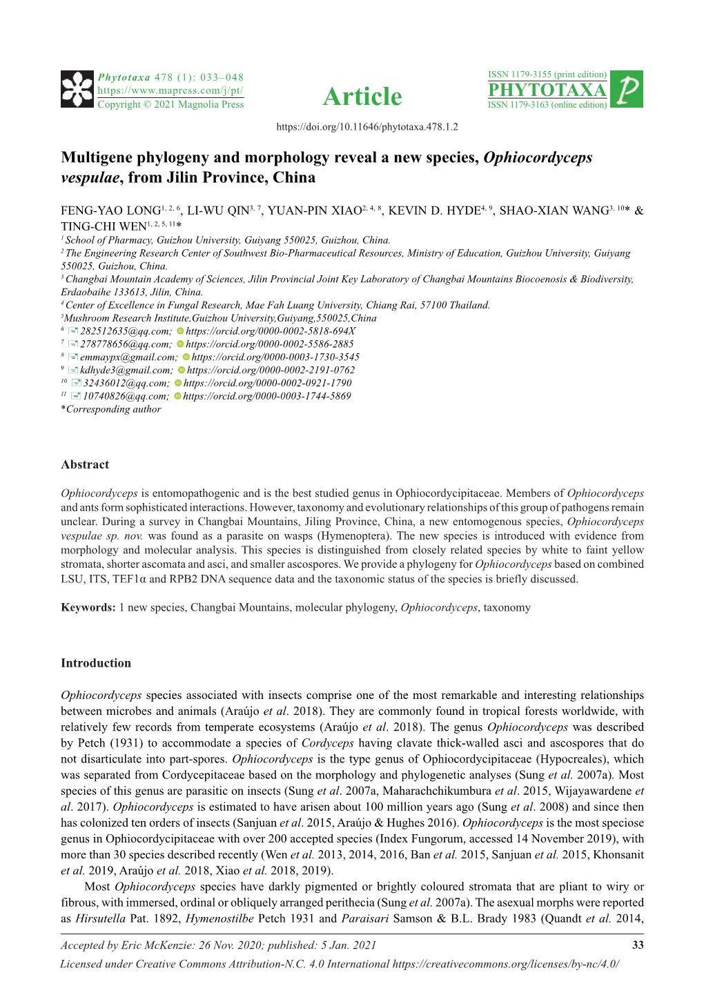 Multigene Phylogeny and Morphology Reveal a New Species, Ophiocordyceps Vespulae, from Jilin Province, China