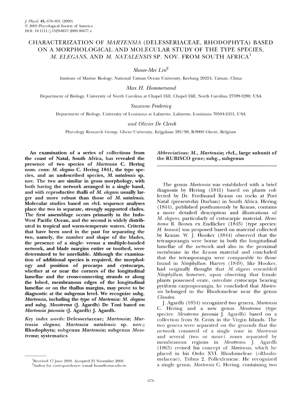 Delesseriaceae, Rhodophyta) Based on a Morphological and Molecular Study of the Type Species, M