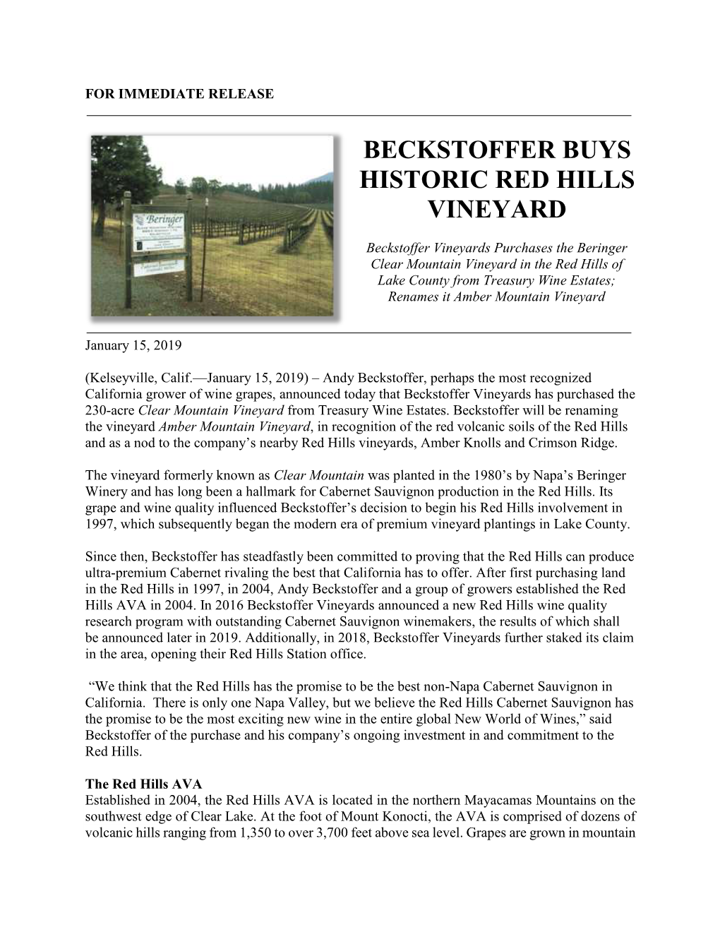 Beckstoffer Buys Historic Red Hills Vineyard