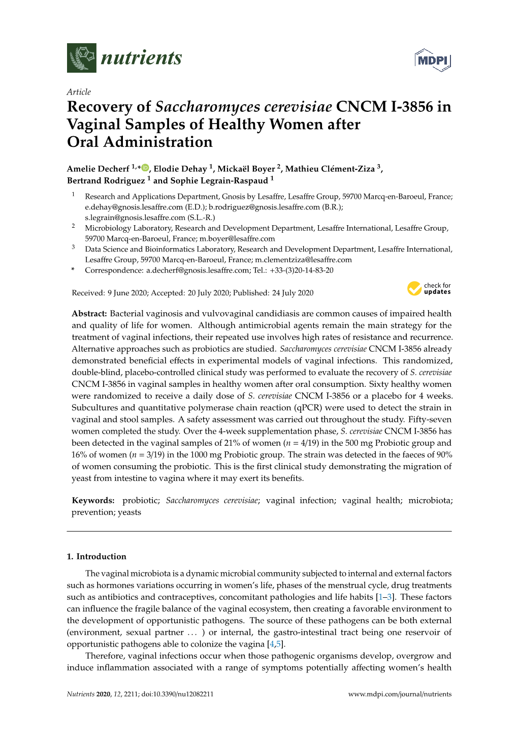 Recovery of Saccharomyces Cerevisiae CNCM I-3856 in Vaginal Samples of Healthy Women After Oral Administration