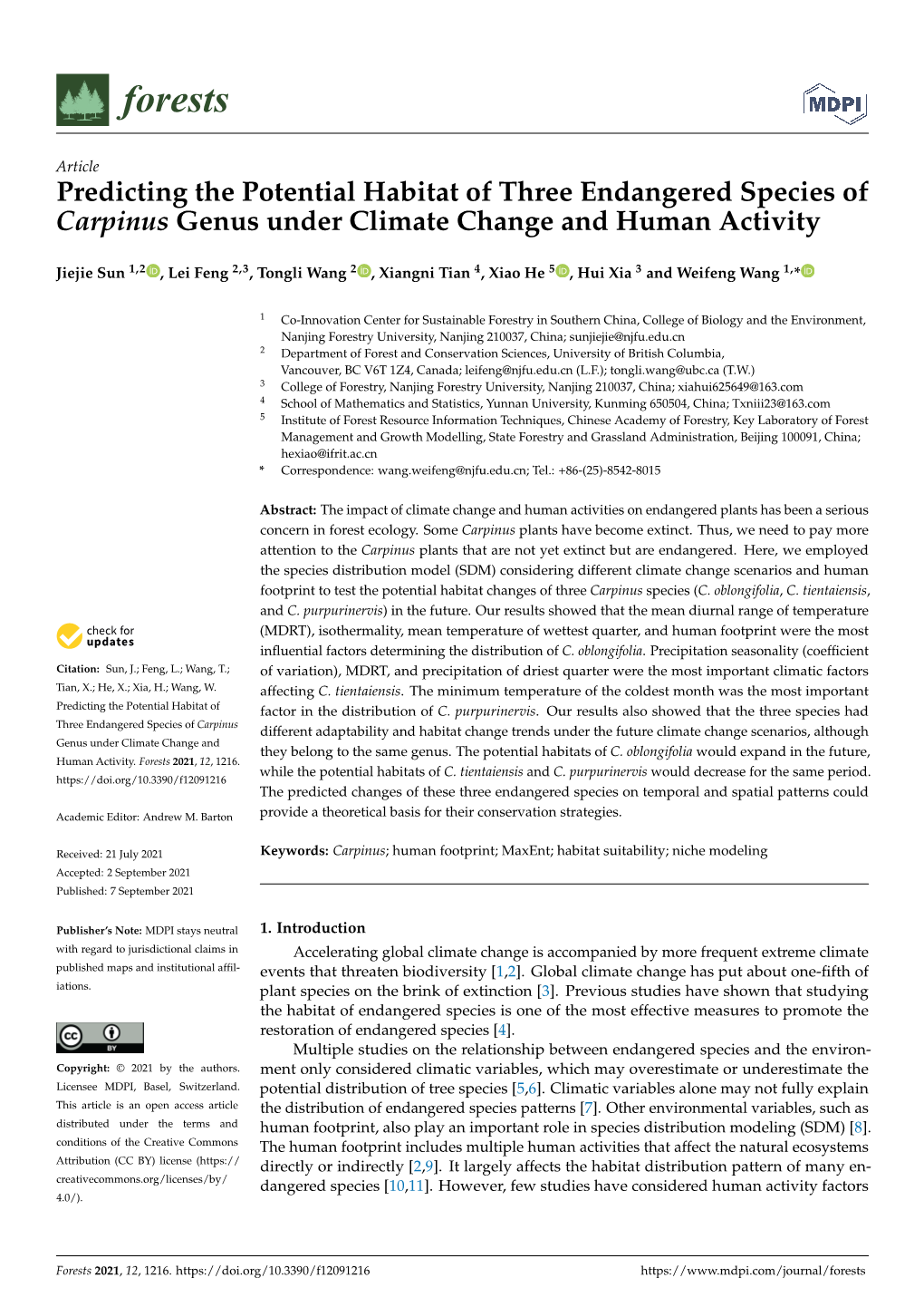 Predicting the Potential Habitat of Three Endangered Species of Carpinus Genus Under Climate Change and Human Activity