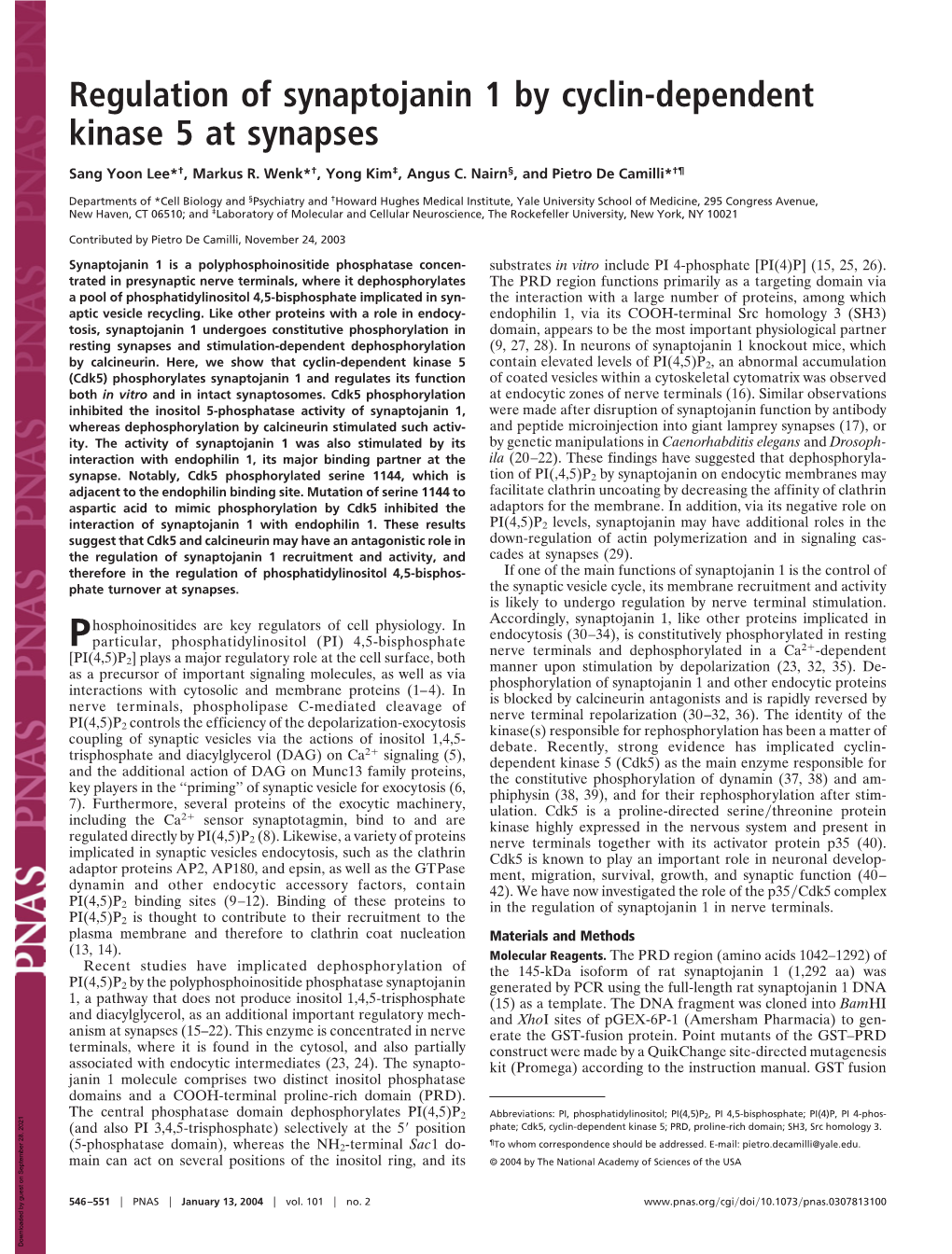 Regulation of Synaptojanin 1 by Cyclin-Dependent Kinase 5 at Synapses