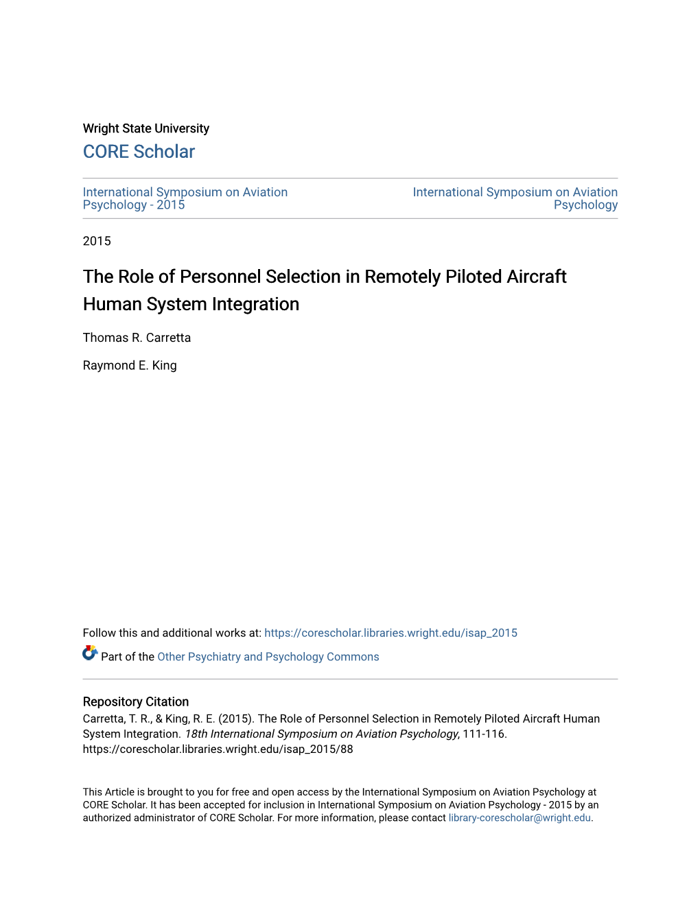 The Role of Personnel Selection in Remotely Piloted Aircraft Human System Integration