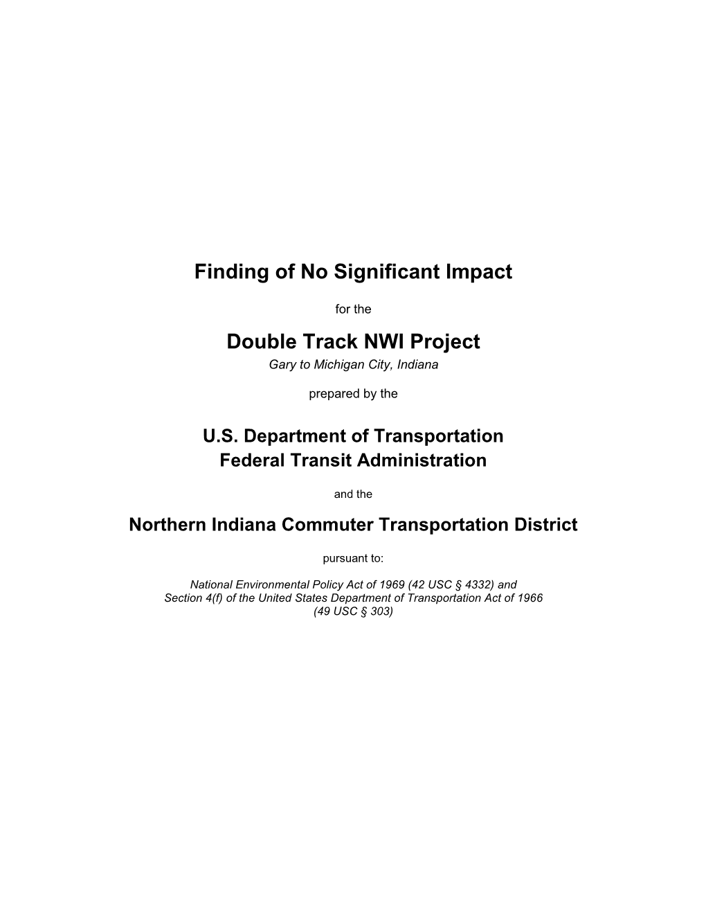 Finding of No Significant Impact Double Track NWI Project