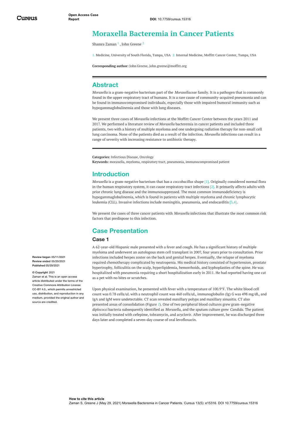 Moraxella Bacteremia in Cancer Patients