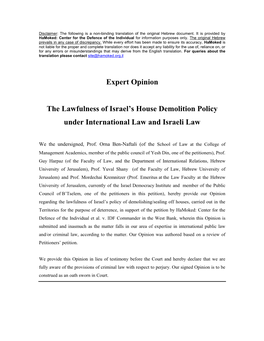Expert Opinion the Lawfulness of Israel's House Demolition Policy