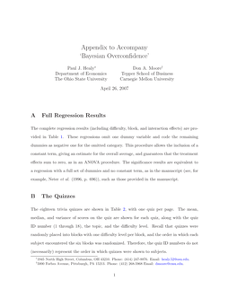 Appendix to Accompany ‘Bayesian Overconﬁdence’