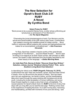 The New Selection for Oprah's Book Club 2.0! RUBY a Novel by Cynthia Bond
