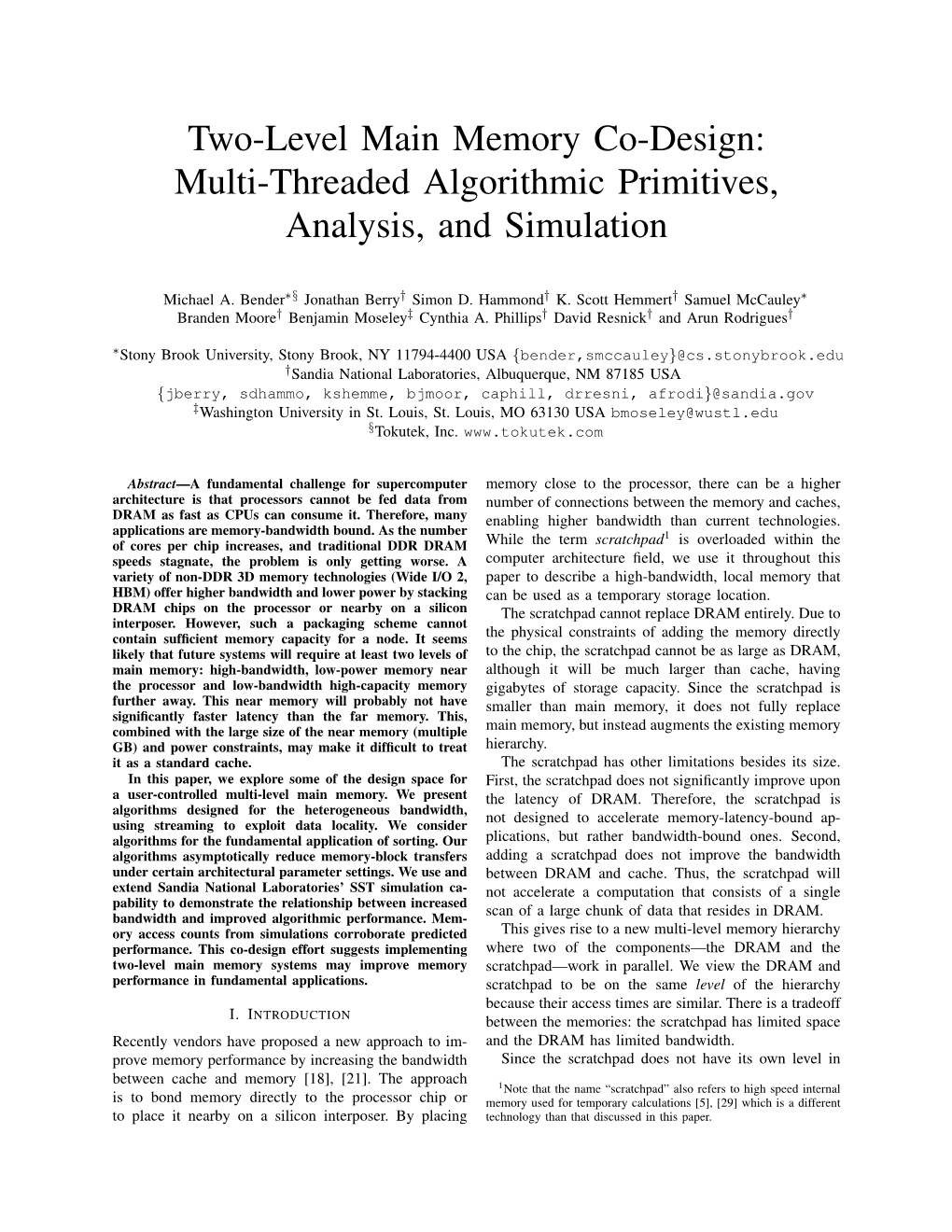 Two-Level Main Memory Co-Design: Multi-Threaded Algorithmic Primitives, Analysis, and Simulation