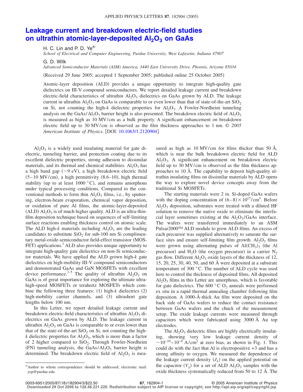 Leakage Current and Breakdown Electric-Field Studies on Ultrathin