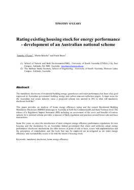 Rating Existing Housing Stock for Energy Performance - Development of an Australian National Scheme