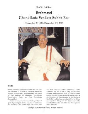 Biography of Brahma Sri Ghandikota Subba