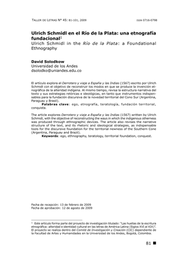 Ulrich Schmidl En El Río De La Plata: Una Etnografía Fundacional1 Ulrich Schmidl in the Río De La Plata: a Foundational Ethnography