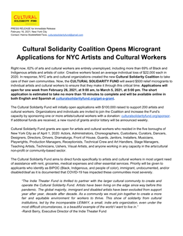 Cultural Solidarity Coalition Opens Microgrant Applications for NYC Artists and Cultural Workers