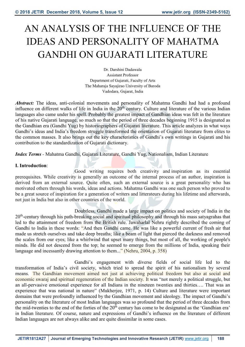 An Analysis of the Influence of the Ideas and Personality of Mahatma Gandhi on Gujarati Literature