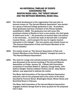 Historical Timeline of Events Concerning the Boston Music Hall, the "Great Organ" and the Methuen Memorial Music Hall