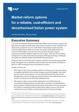 Market Reform Options for a Reliable, Cost-Efficient and Decarbonised Italian Power System