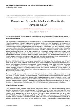 Remote Warfare in the Sahel and a Role for the European Union Written by Delina Goxho