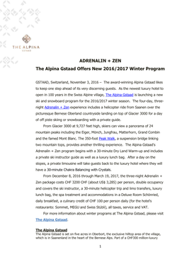 ADRENALIN + ZEN the Alpina Gstaad Offers New 2016/2017 Winter Program