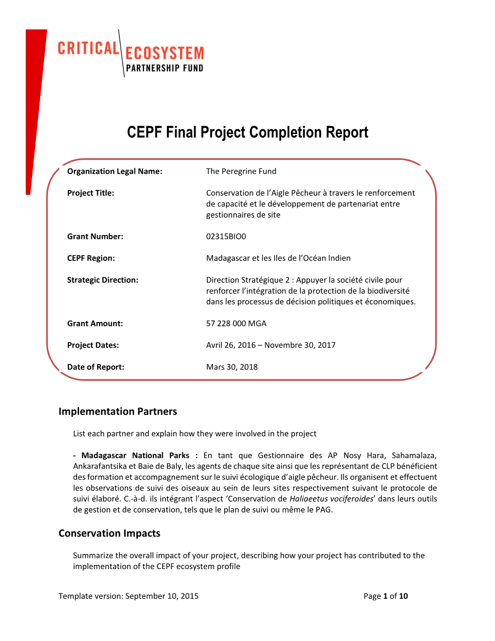 CEPF Final Project Completion Report