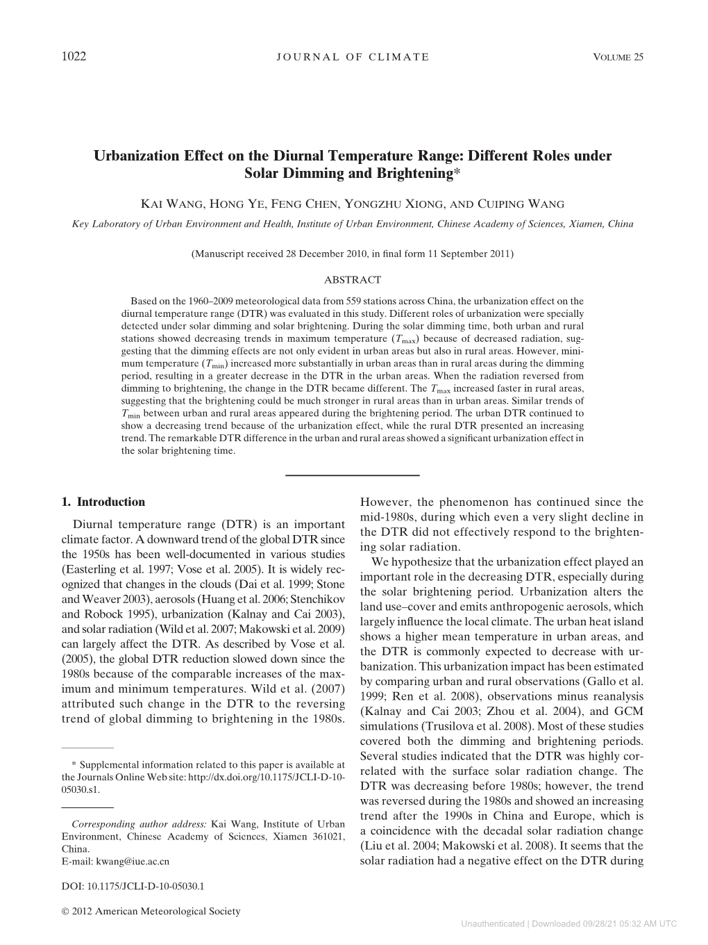 Urbanization Effect on the Diurnal Temperature Range: Different Roles Under Solar Dimming and Brightening*