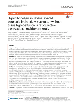 Hyperfibrinolysis in Severe Isolated Traumatic Brain Injury May Occur