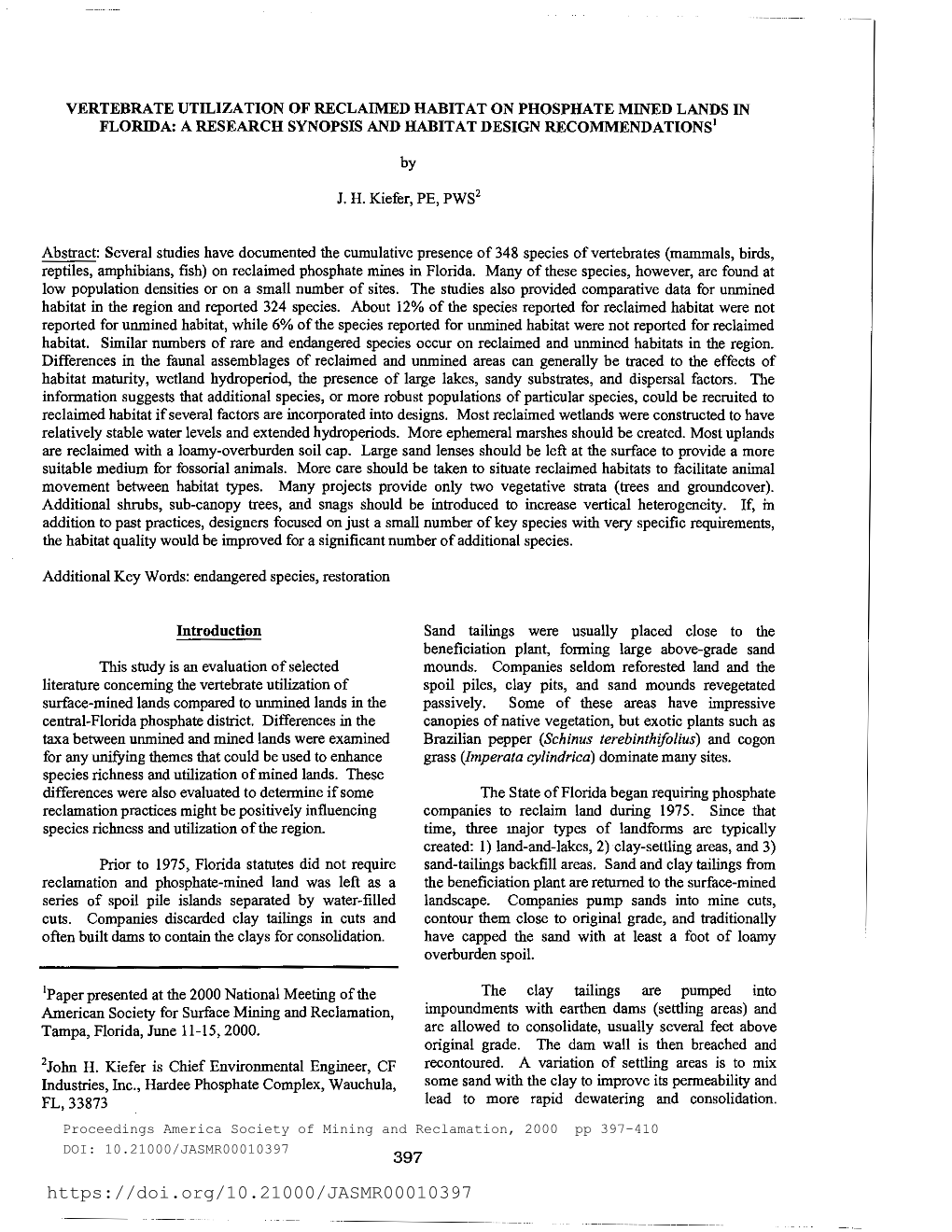 Vertebrate Utilization of Reclaimed Habitat on Phosphate Mined Lands in Florida: a Research Synopsis and Habitat Design Recommendations'