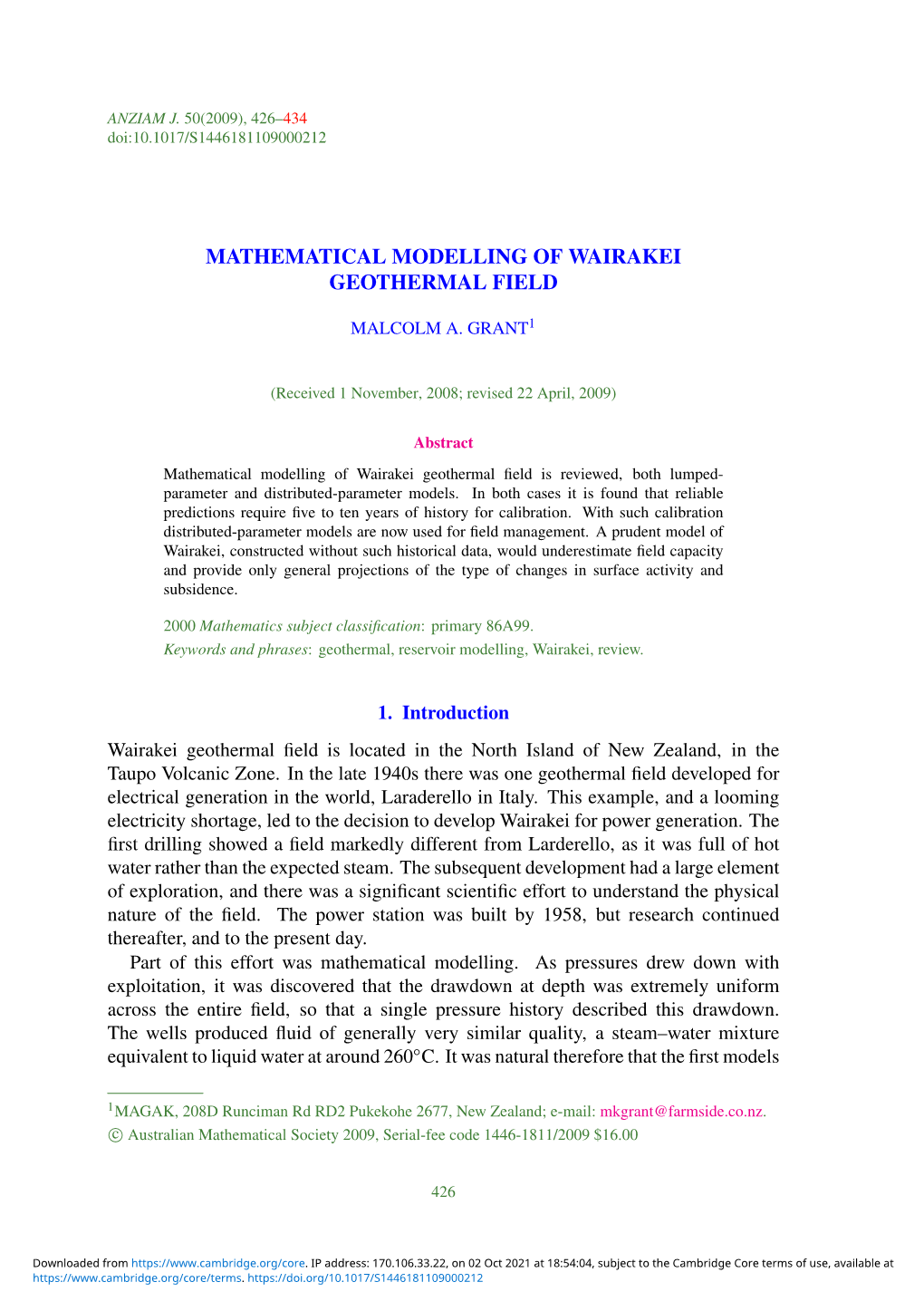 Mathematical Modelling of Wairakei Geothermal Field