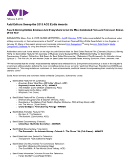 Avid Editors Sweep the 2015 ACE Eddie Awards