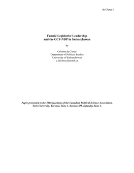 Female Legislative Leadership and the CCF-NDP in Saskatchewan