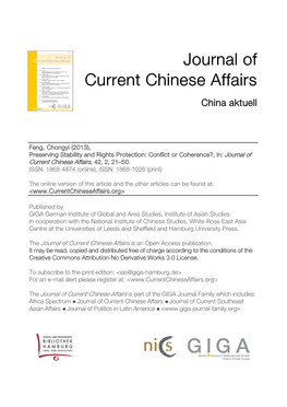 Preserving Stability and Rights Protection: Conflict Or Coherence?, In: Journal of Current Chinese Affairs, 42, 2, 21–50