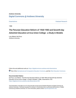 The Peruvian Education Reform of 1968-1980 and Seventh-Day Adventist Education at Inca Union College : a Study in Models