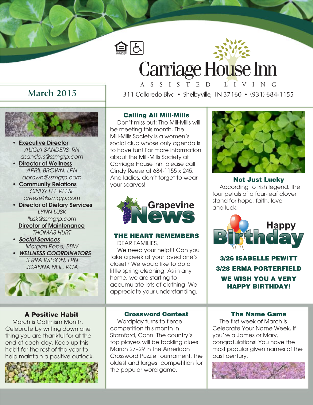 Carriage House Inn ASSISTED LIVING March 2015 311 Colloredo Blvd • Shelbyville, TN 37160 • (931) 684-1155