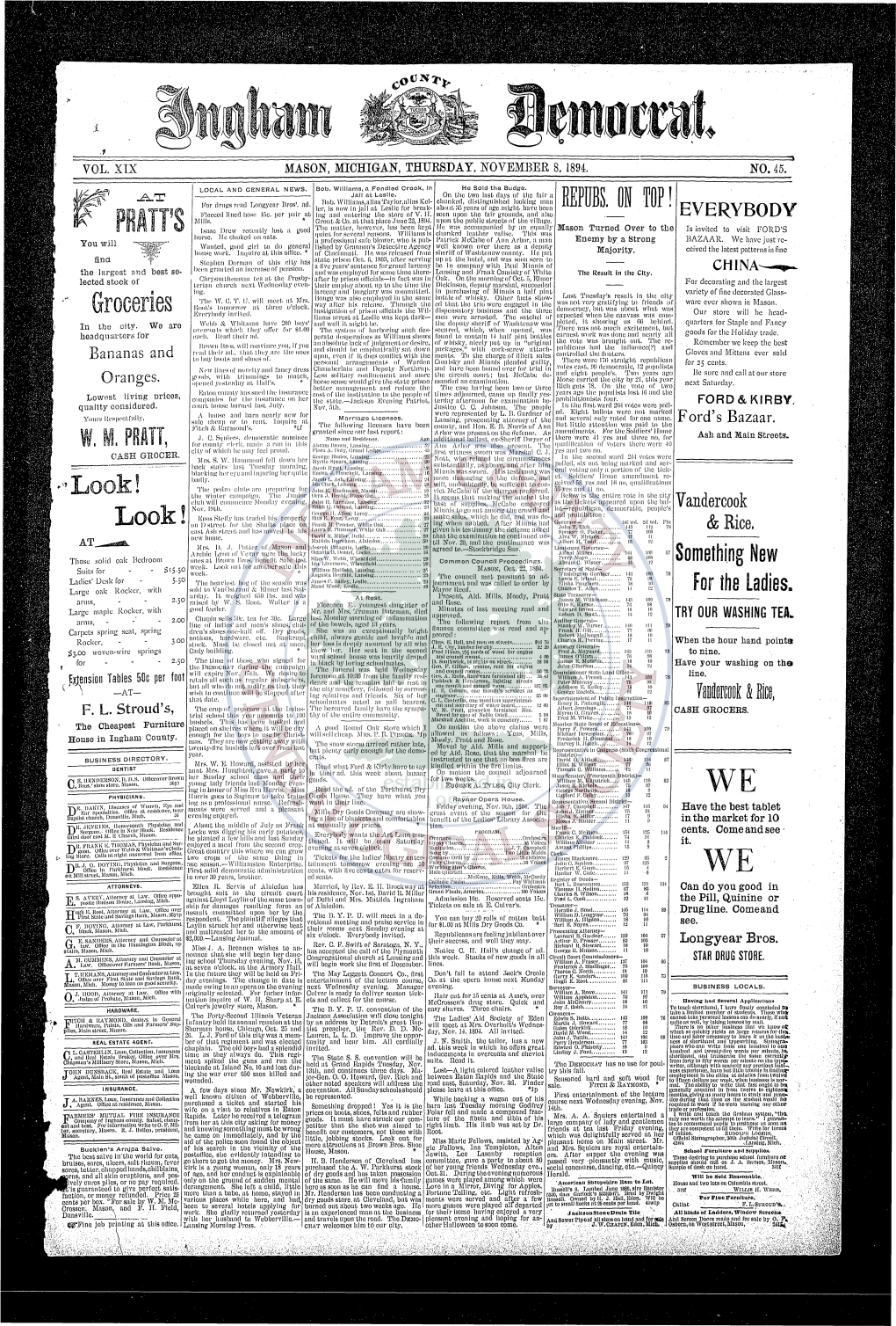 1 Vol . Xixmason , Michigan , Thursday . November 8 , 1 8 9