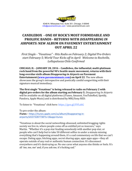 Candlebox - One of Rock’S Most Formidable and Prolific Bands - Returns with Disappearing in Airports: New Album on Pavement Entertainment out April 22