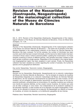 Revision of the Nassariidae (Gastropoda, Neogastropoda) of the Malacological Collection of the Museu De Ciències Naturals De Barcelona
